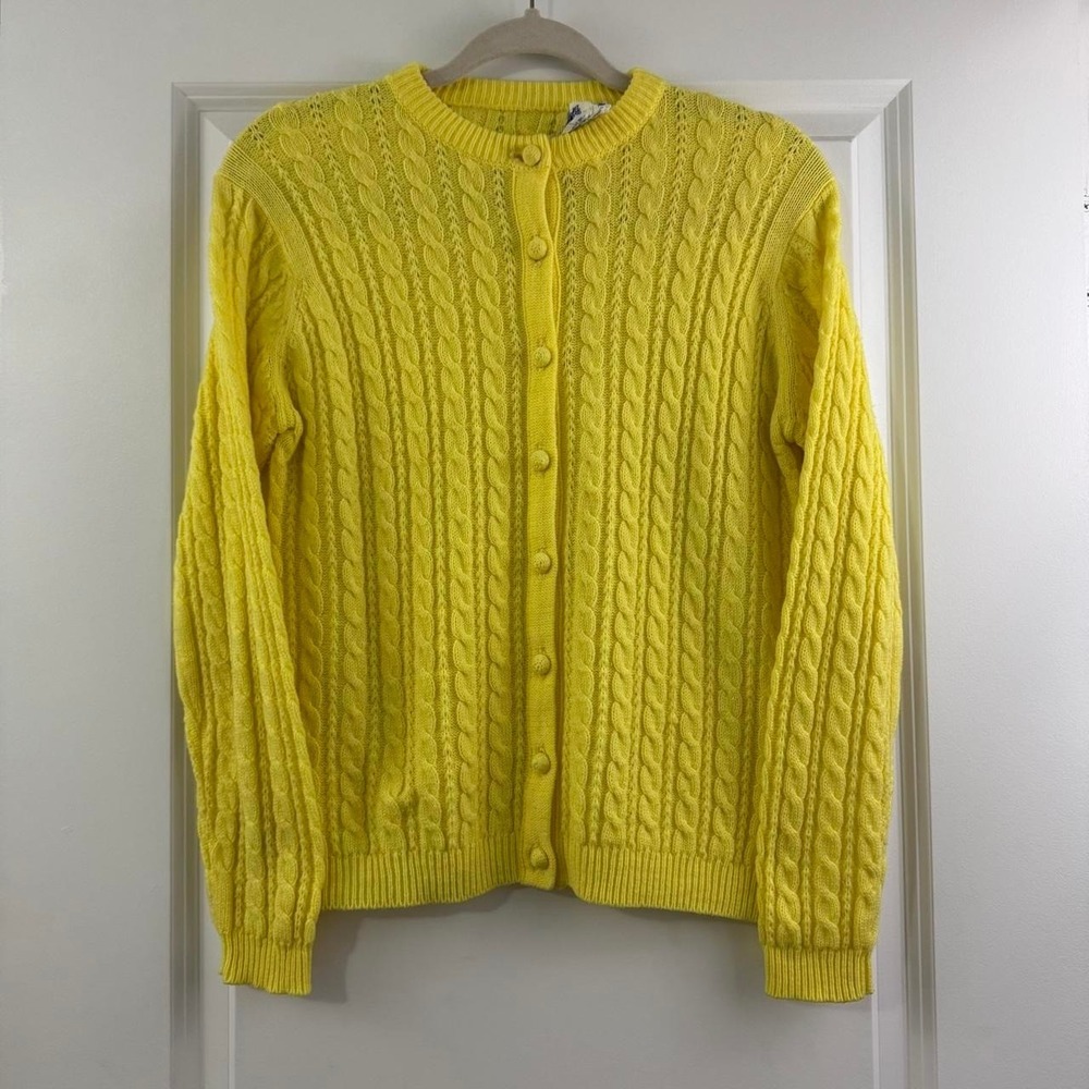 Vintage Deans Of Scotland Yellow Cable Knit Acrylic Cardigan Sweater M